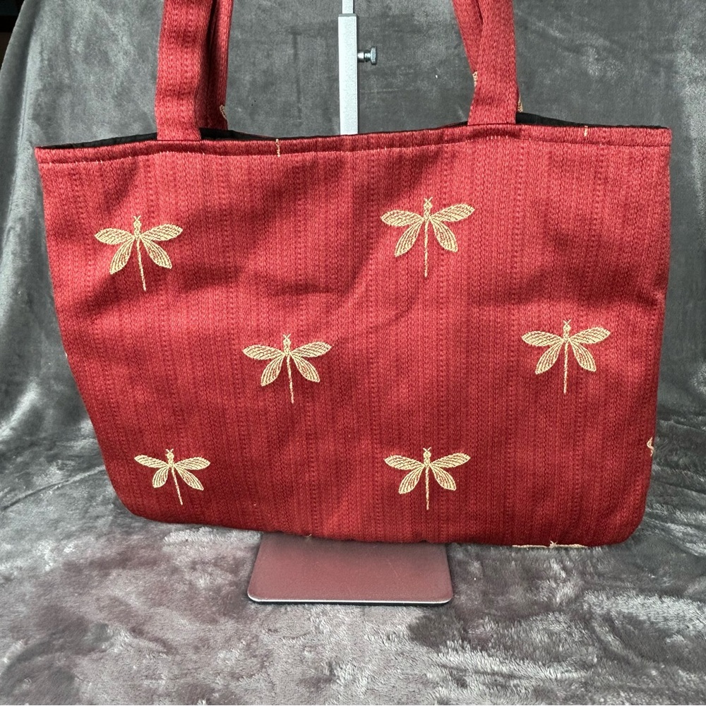 Dragonfly‎ Embroidered Quilted Tote Bag Red With Gold Boho Casual